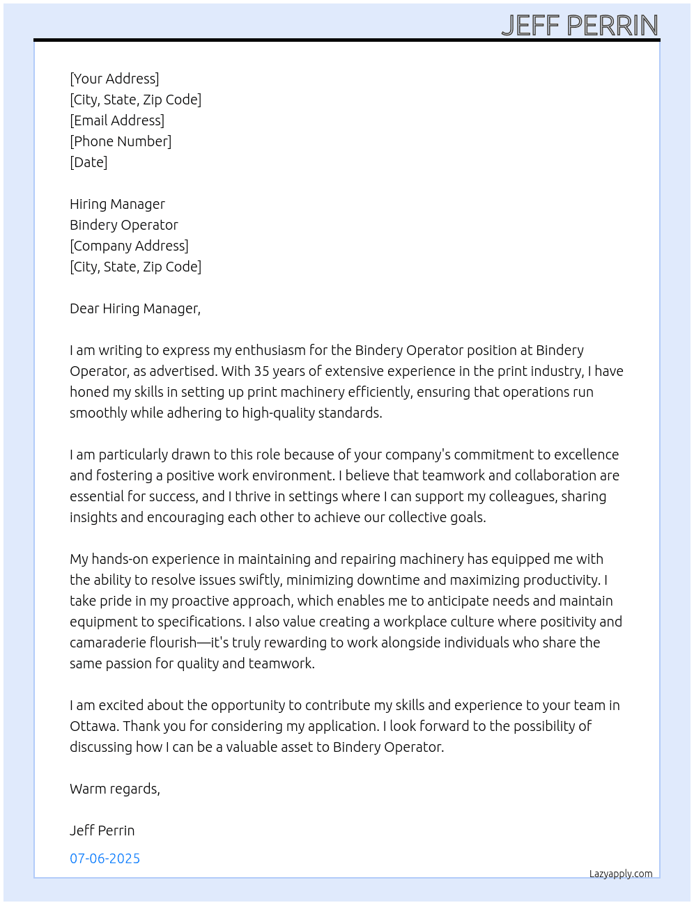 Bindery Operator At Bindery Operator Cover Letter