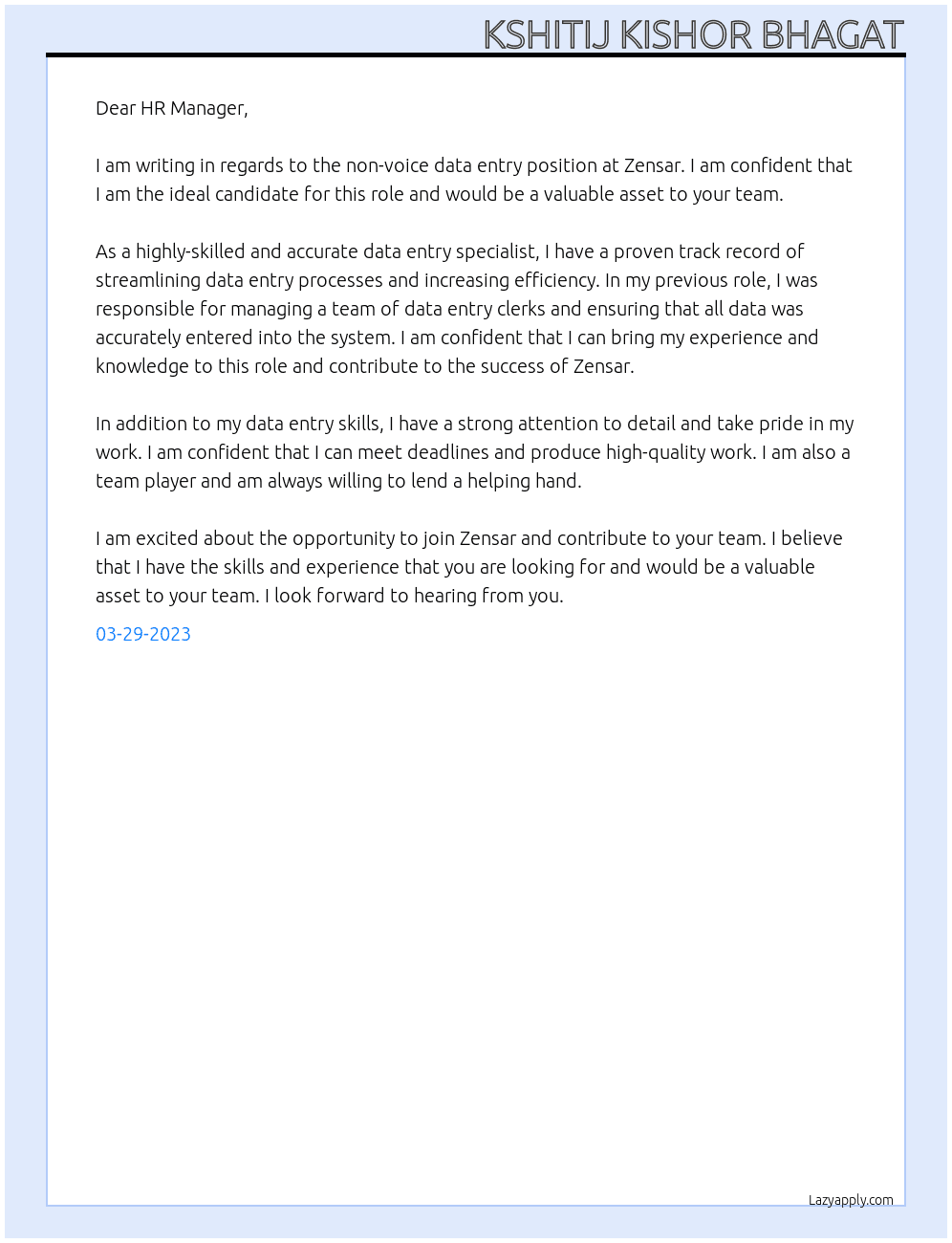 Non voice - Data Entry At ZENSAR Cover Letter