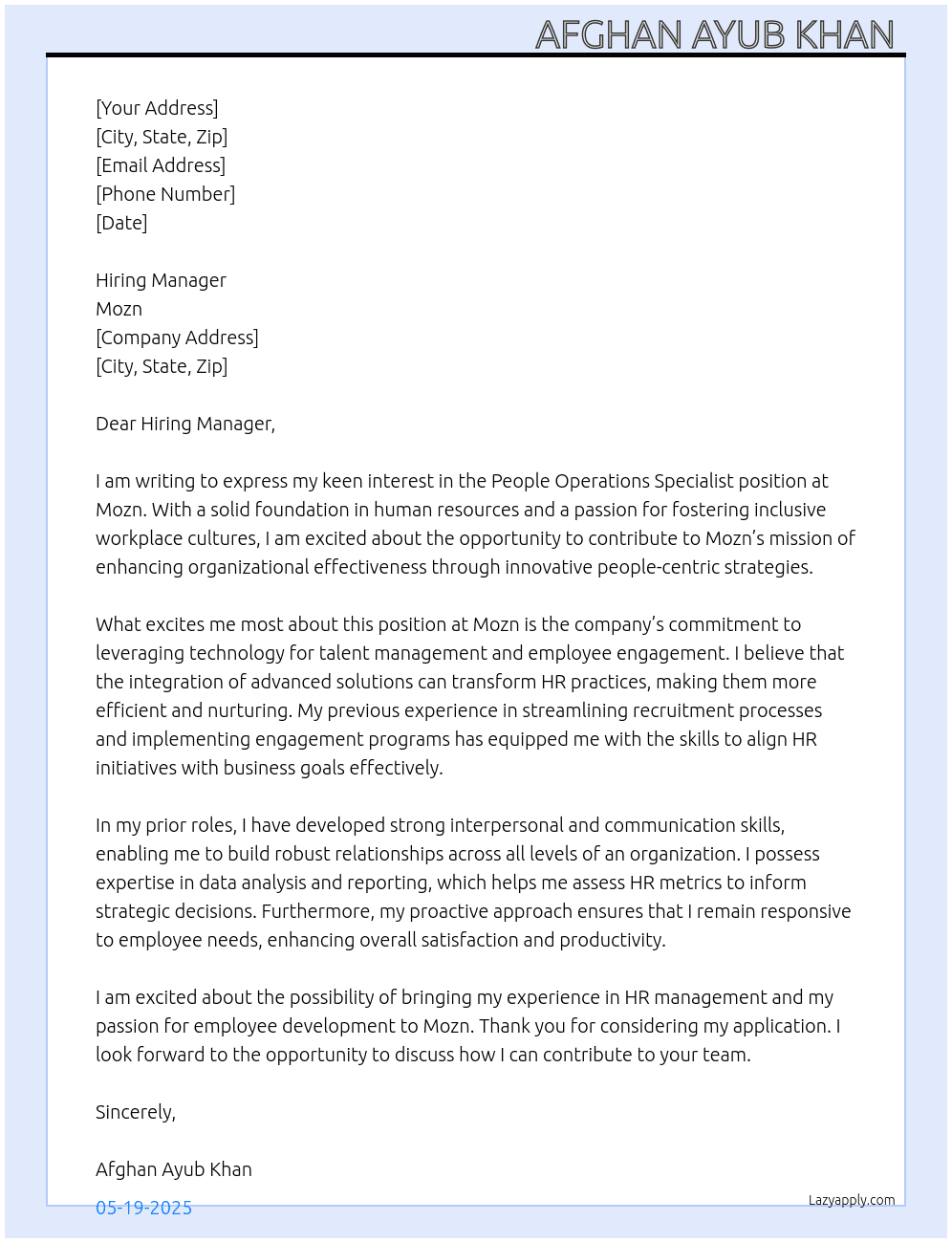 People operations specialist  At Mozn  Cover Letter