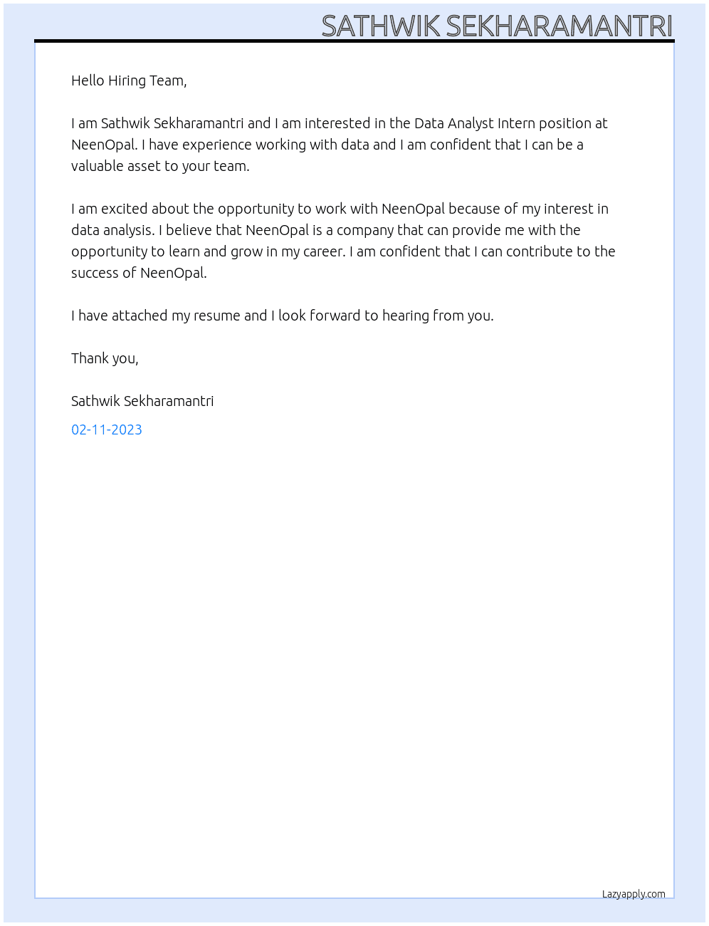 Data Analyst Intern At NeenOpal Cover Letter