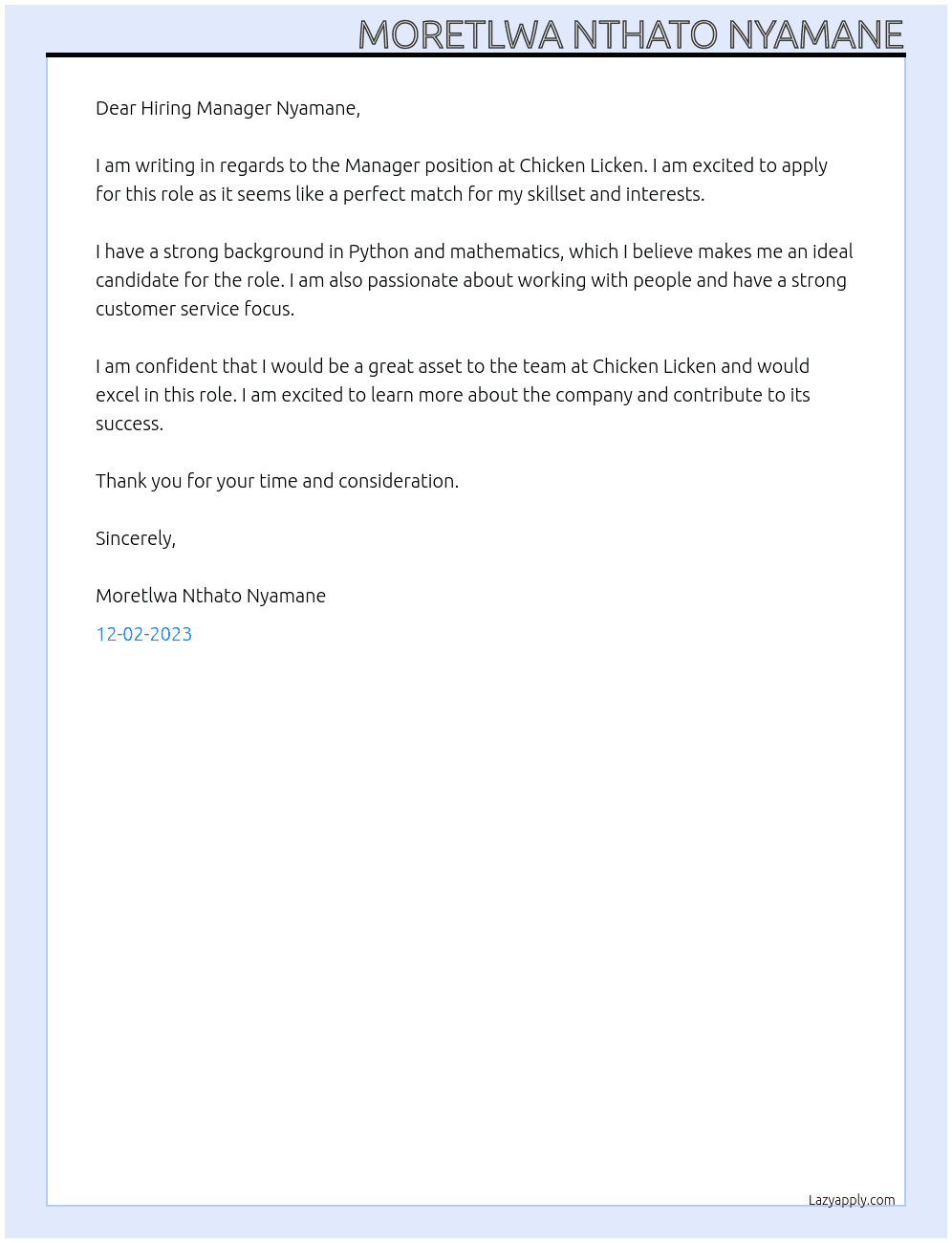 Manger At Chicken Licken Cover Letter