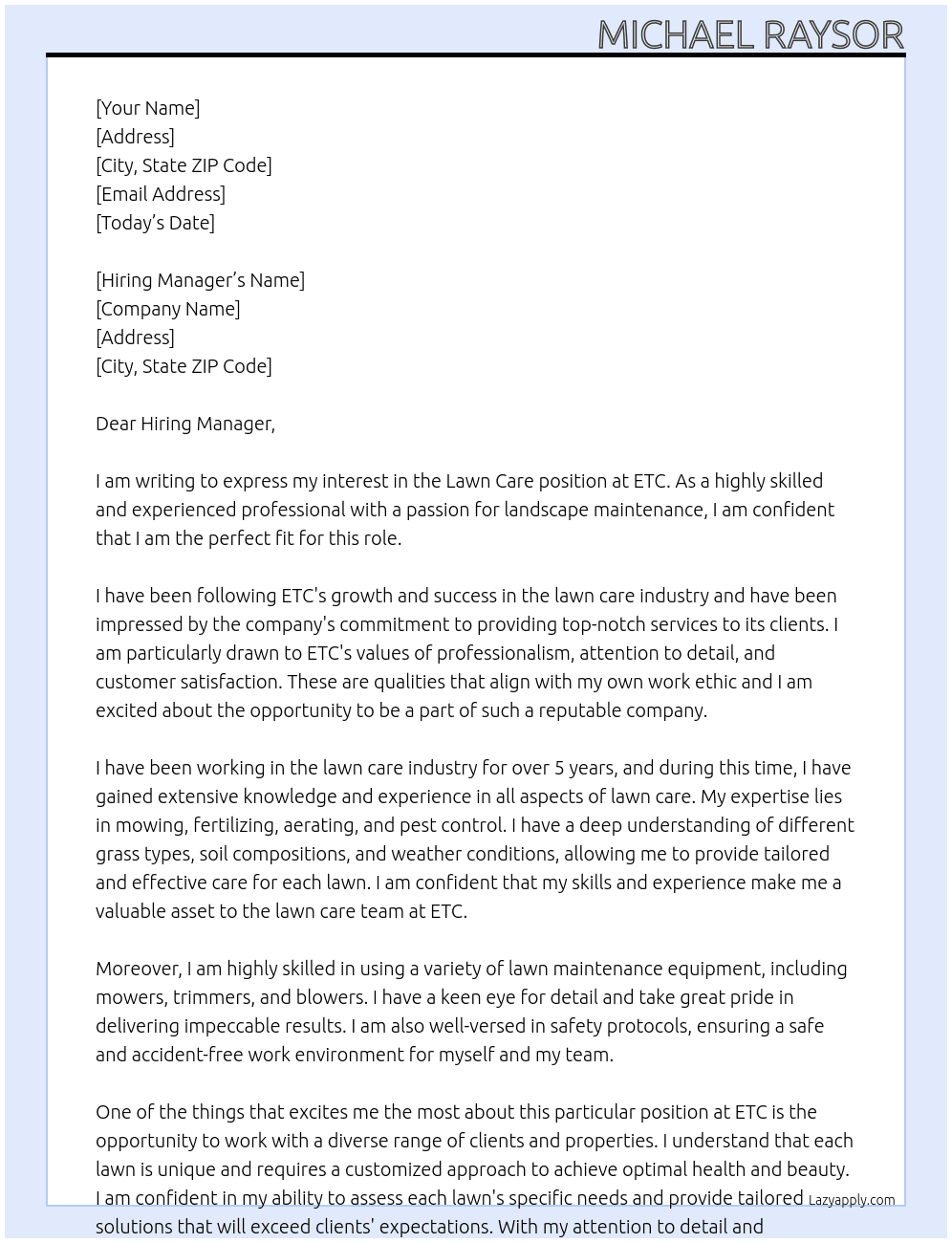 Lawn Care At ETC Cover Letter