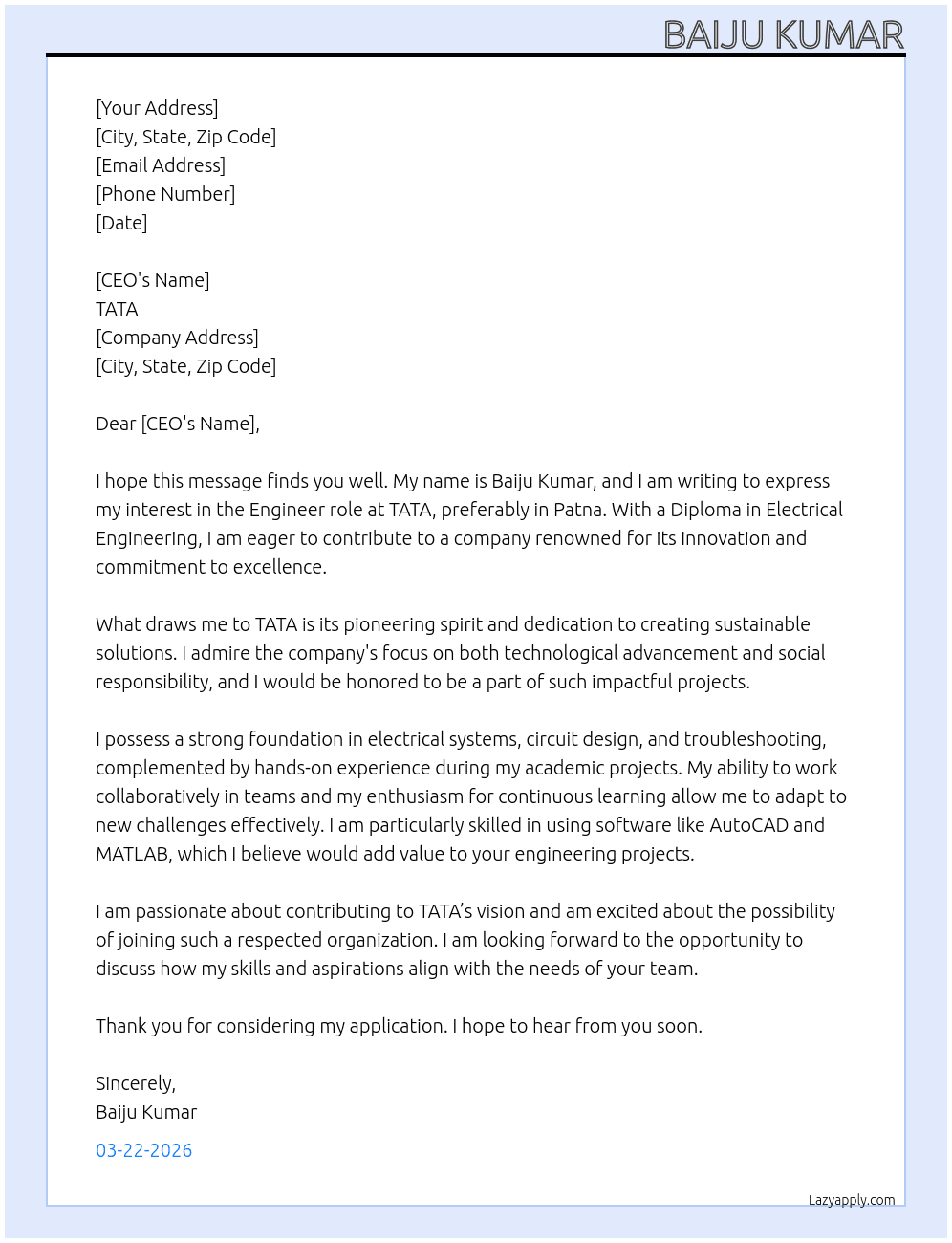Diploma electrical engineering  At TATA Cover Letter