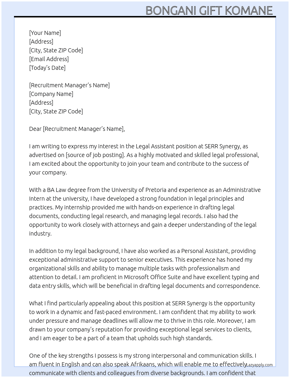 Legal Assistant  At SERR Synergy  Cover Letter