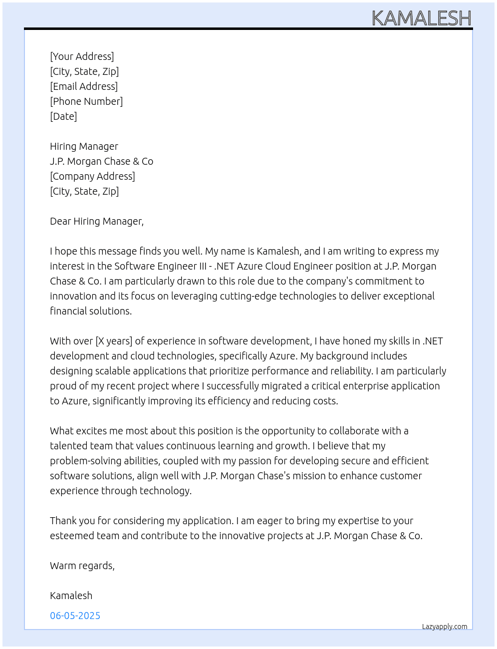 Software Engineer III - .NET AZURE Cloud Enginee At J.P. Morgan Chase & Co Cover Letter