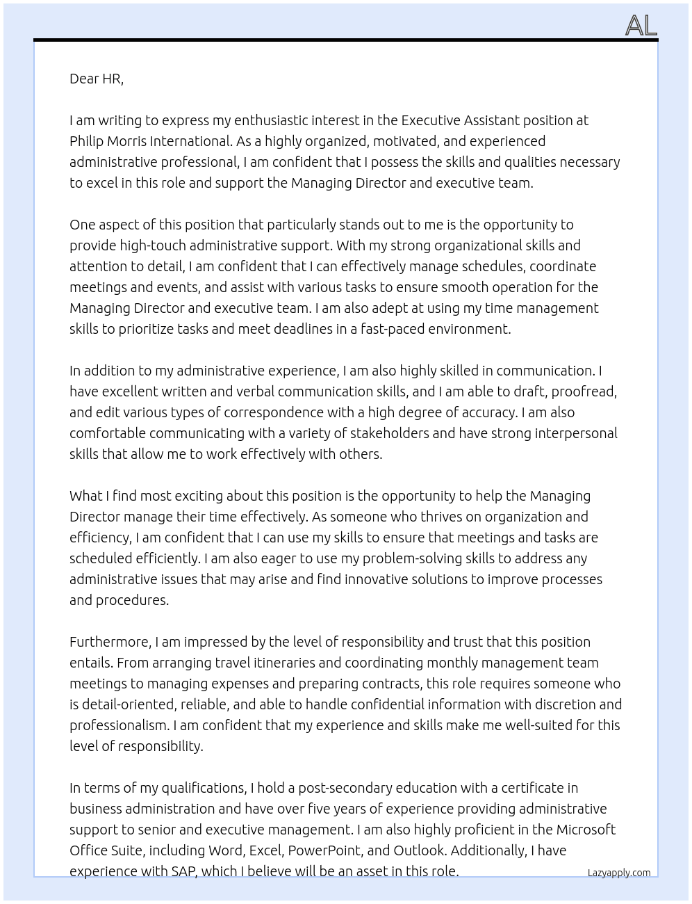 Executive Assistant At Philip Morris International Cover Letter