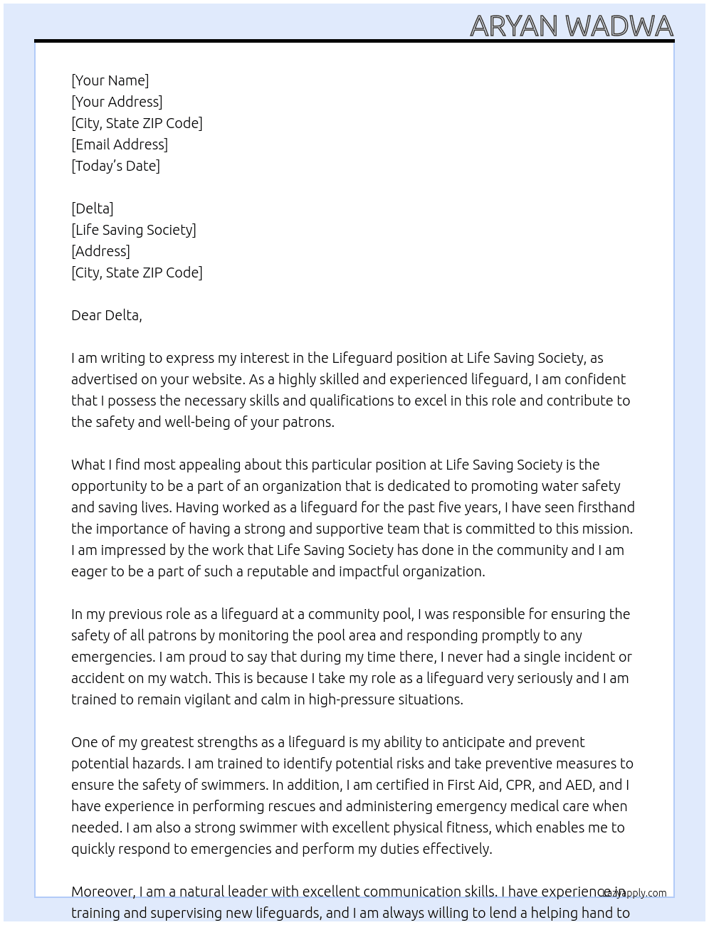 Lifeguard At Life Saving Society Cover Letter