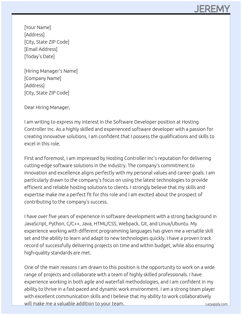Software developer At Hosting Controller Inc Cover Letter