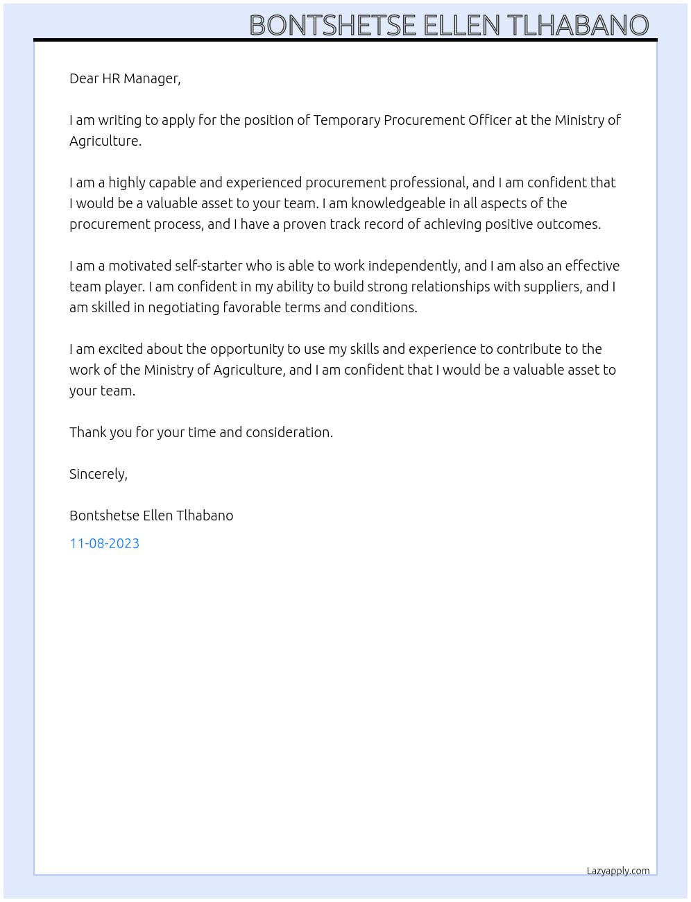 Temporary Procurement Officer  At Ministry of Agriculture  Cover Letter
