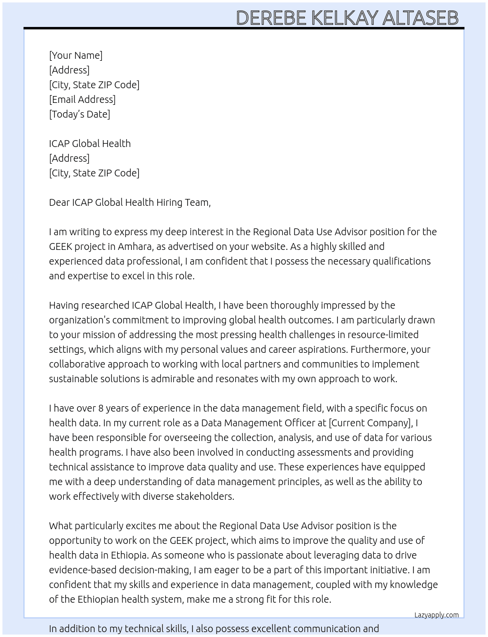 Regional Data Use Advisor for GEEK project(Amhara) At ICAP Global Health Cover Letter