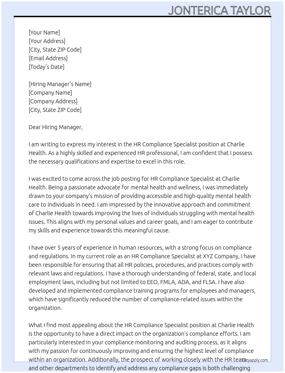 HR Compliance Specialist At Charlie Health Cover Letter