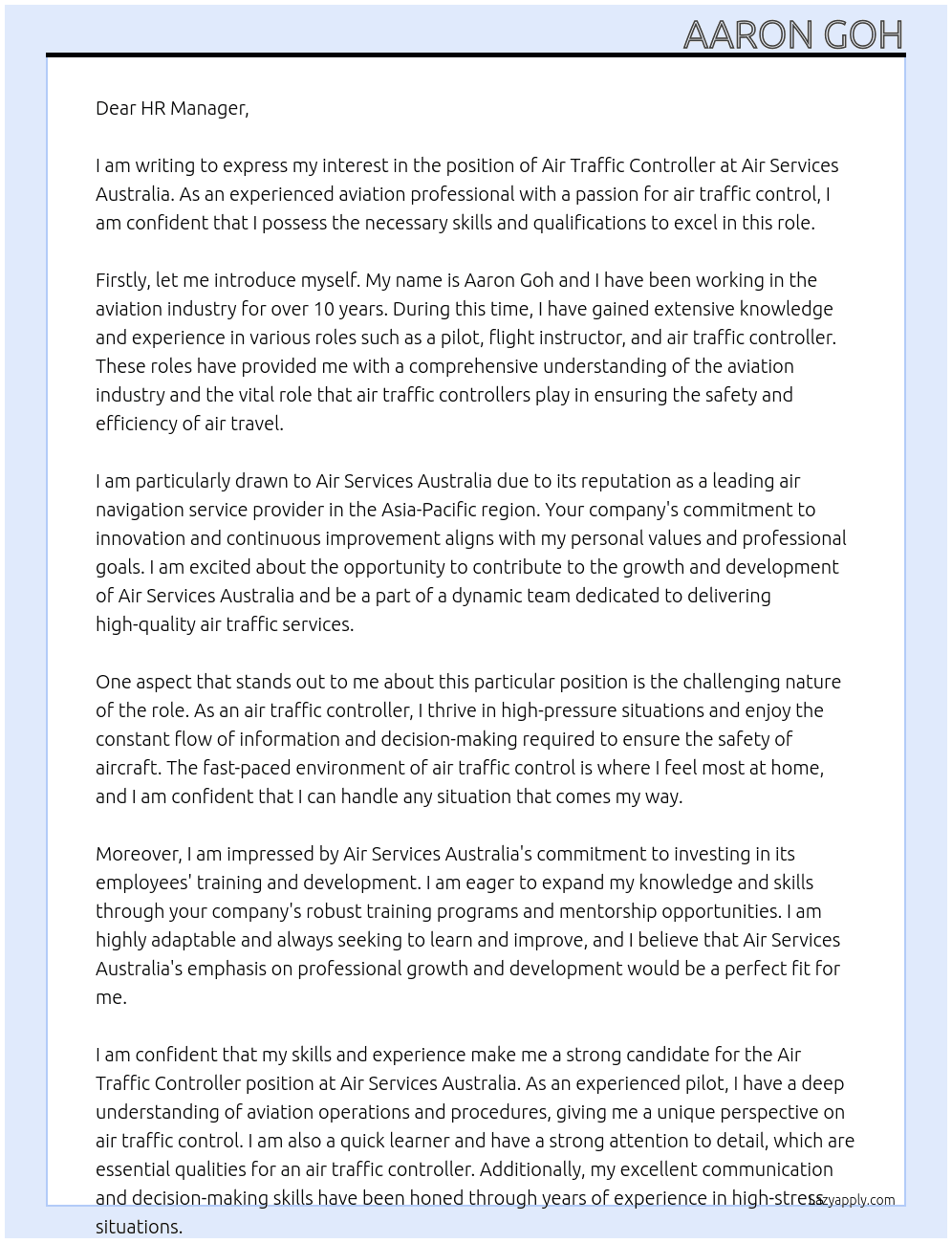 Air Traffic Controller At Air Services Australia Cover Letter