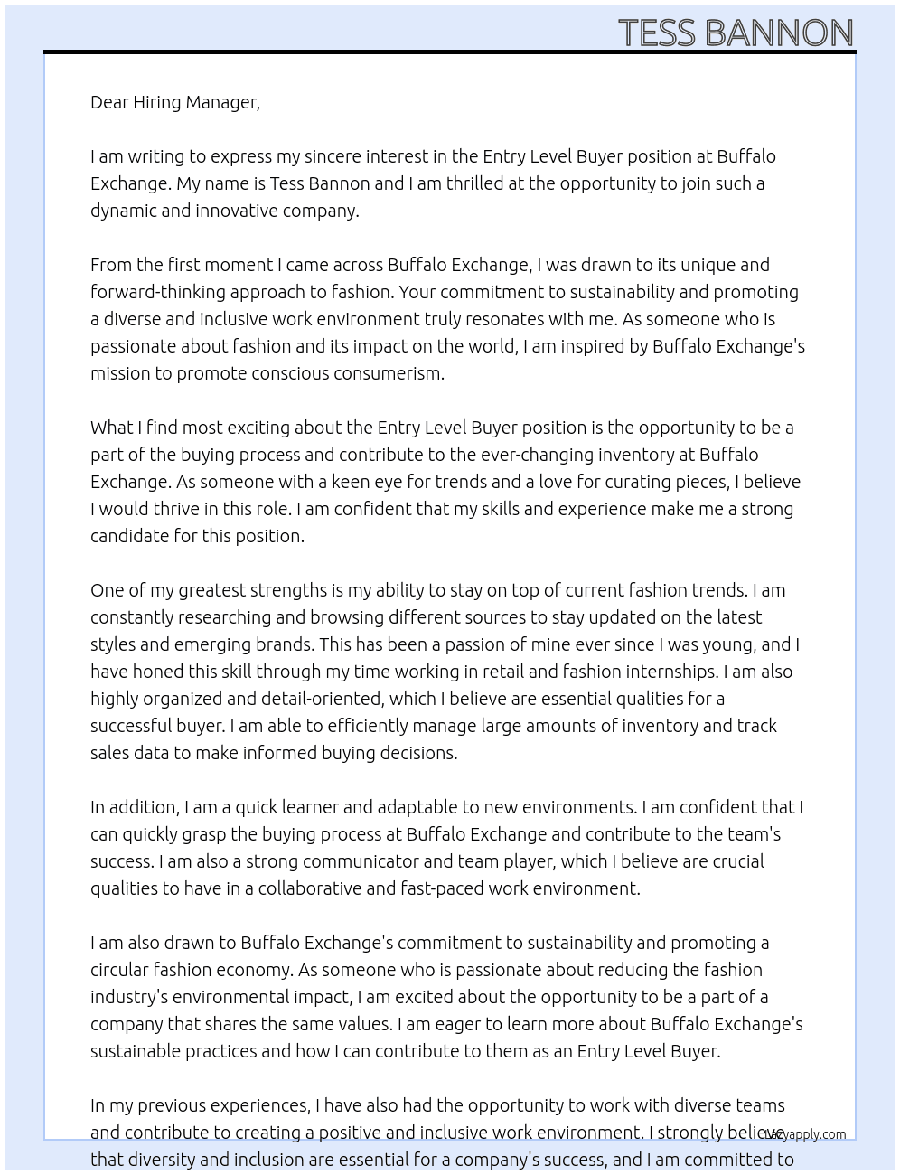 Entry Level Buyer At Buffalo Exchange Cover Letter