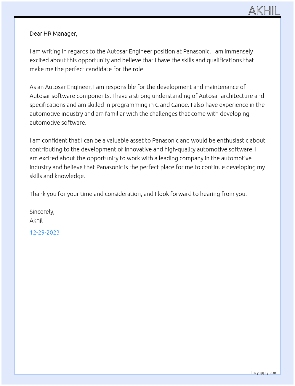 Autosar Engineer  At Panasonic  Cover Letter