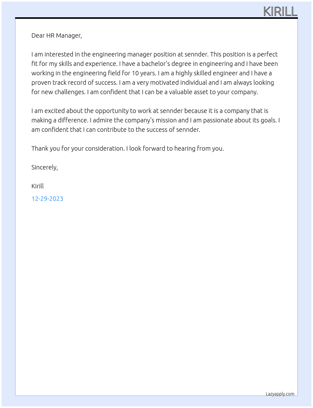 Engineering manager At sennder Cover Letter