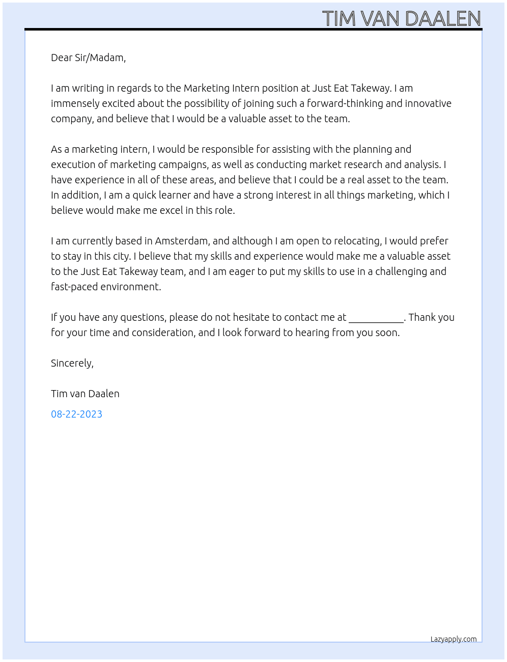 Marketing Intern At Just Eat Takeway Cover Letter