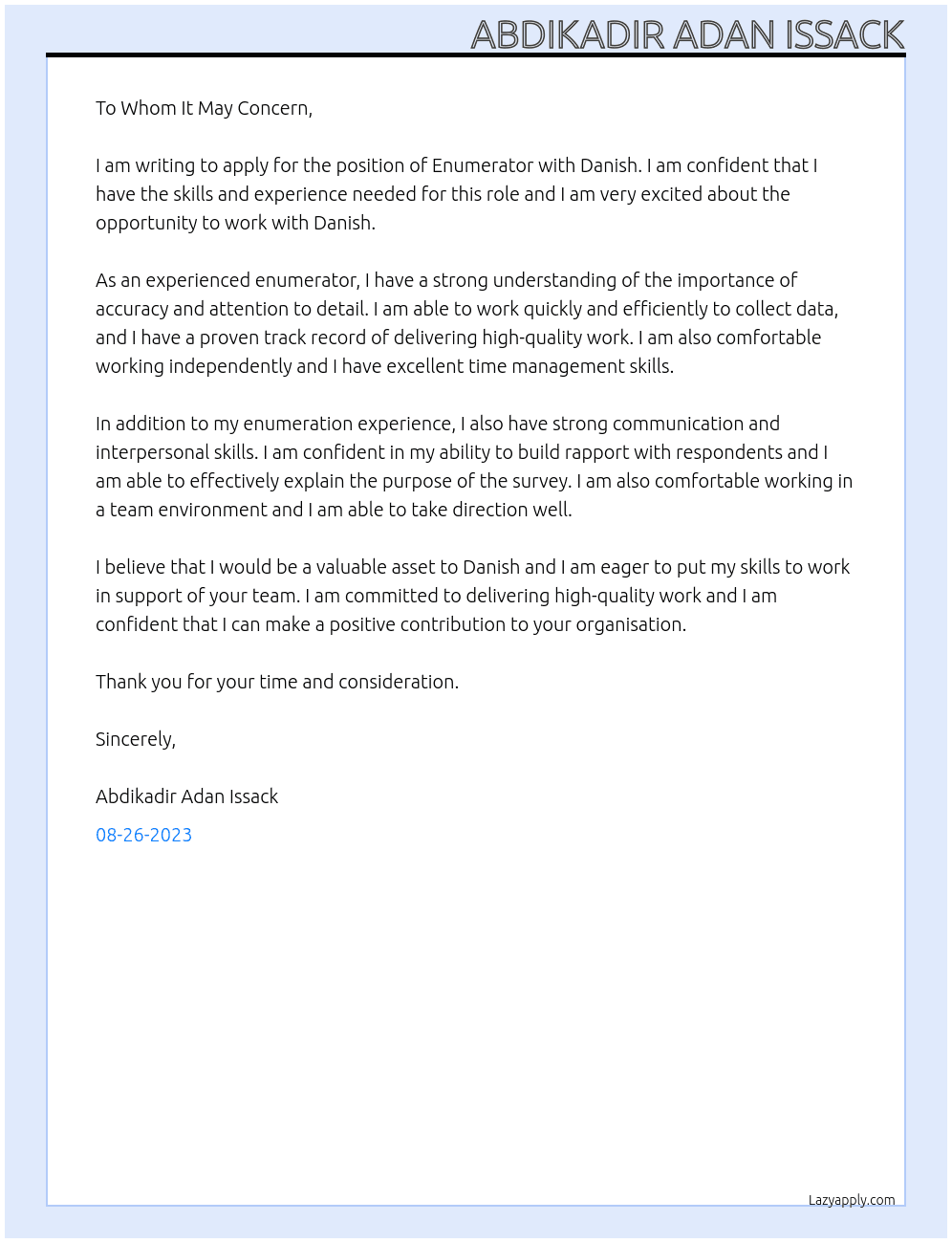Enumarator  At Danish Cover Letter