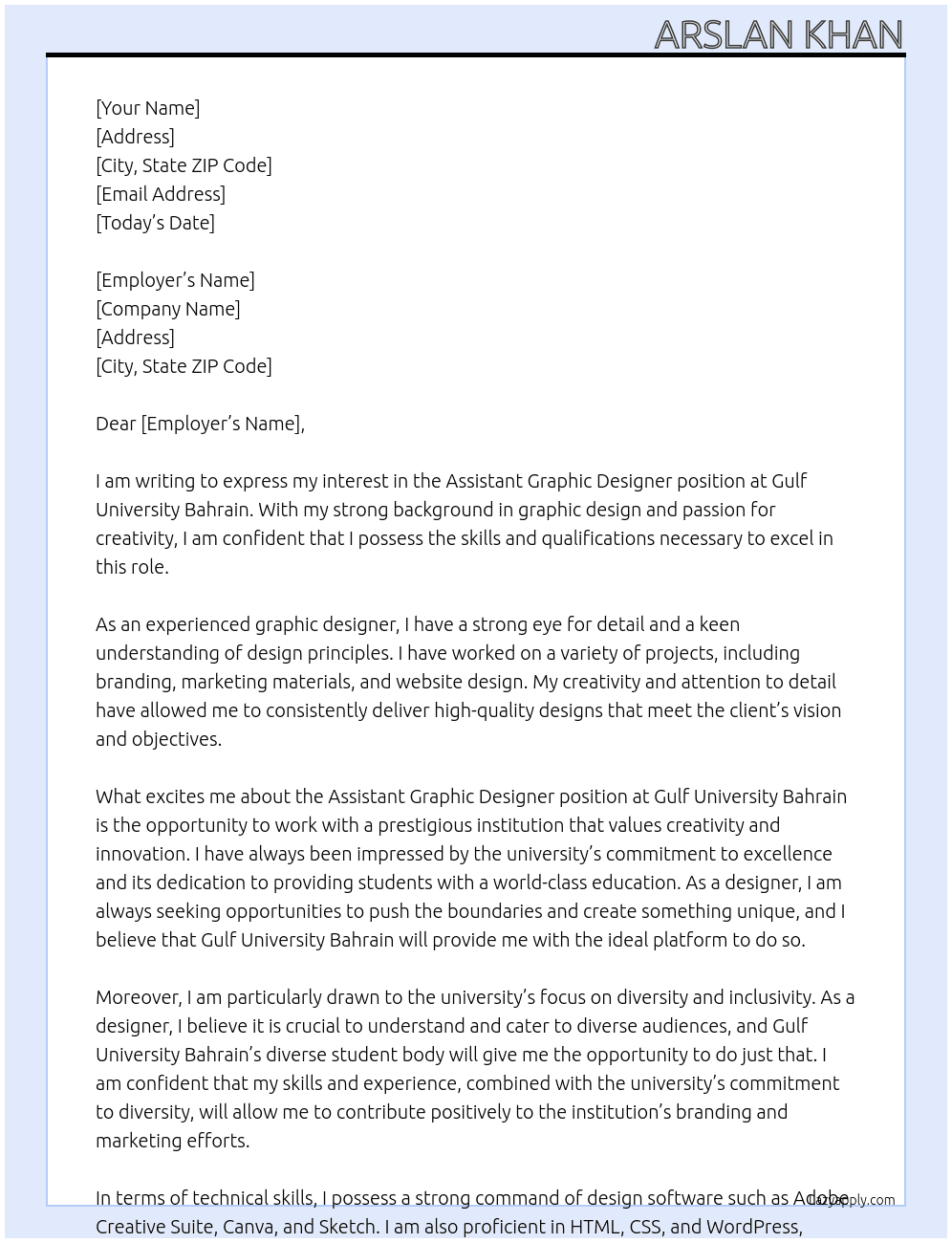 Assistant Graphic Designer At Gulf University Bahrain Cover Letter