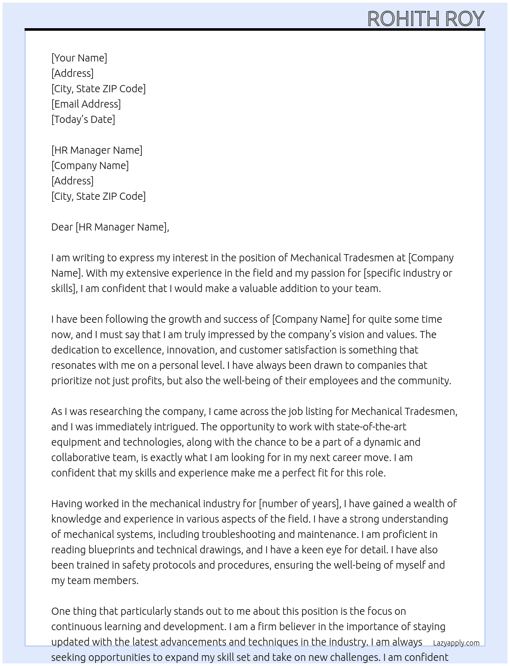  Mechanical Tradesmen At ASH Cover Letter
