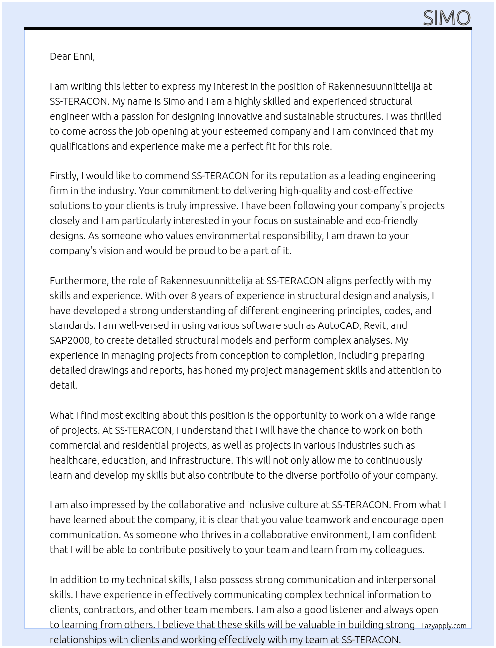 Rakennesuunnittelija At SS-TERACON Cover Letter