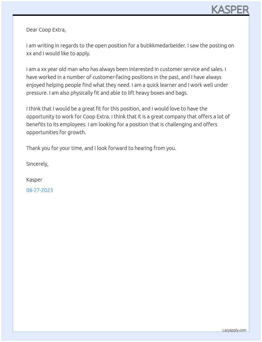 Butikkmedarbeider At coop extra Cover Letter