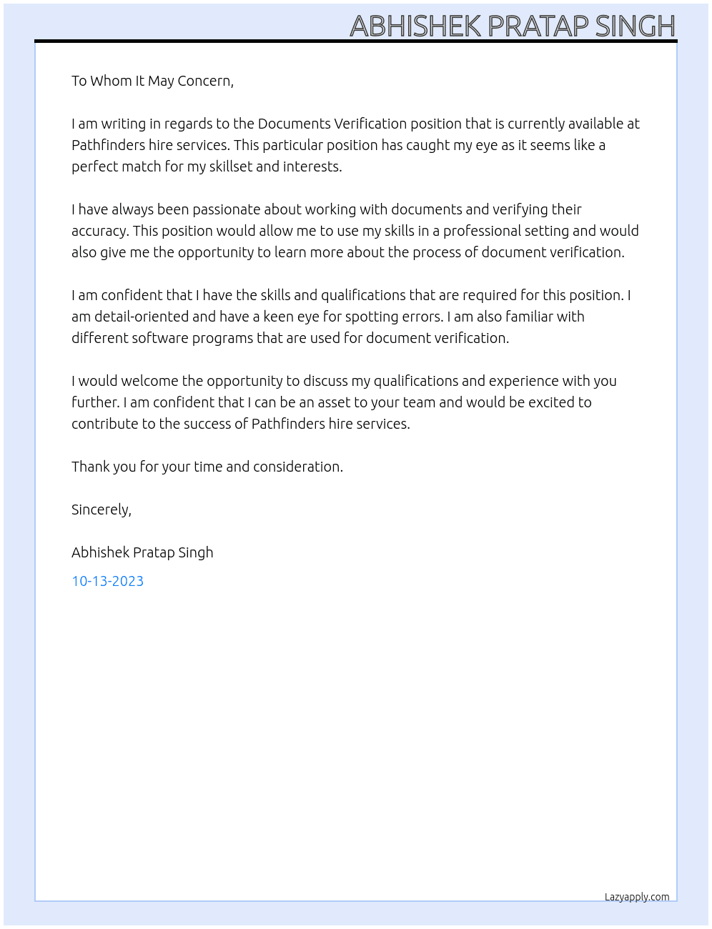 Documents Verification At Pathfinders hire services  Cover Letter