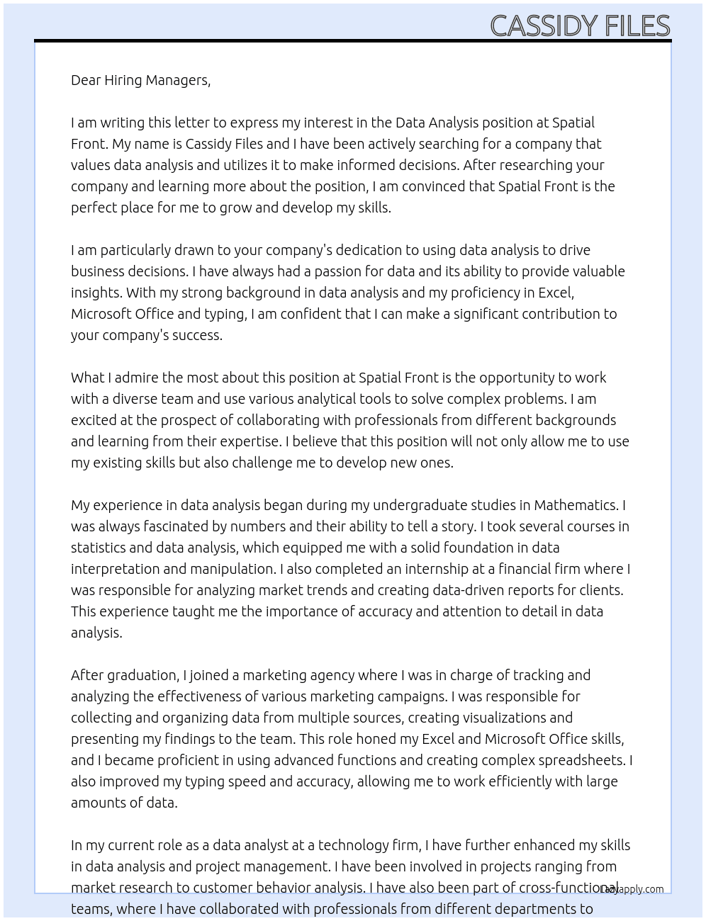 Data analysis  At Spatial Front Cover Letter