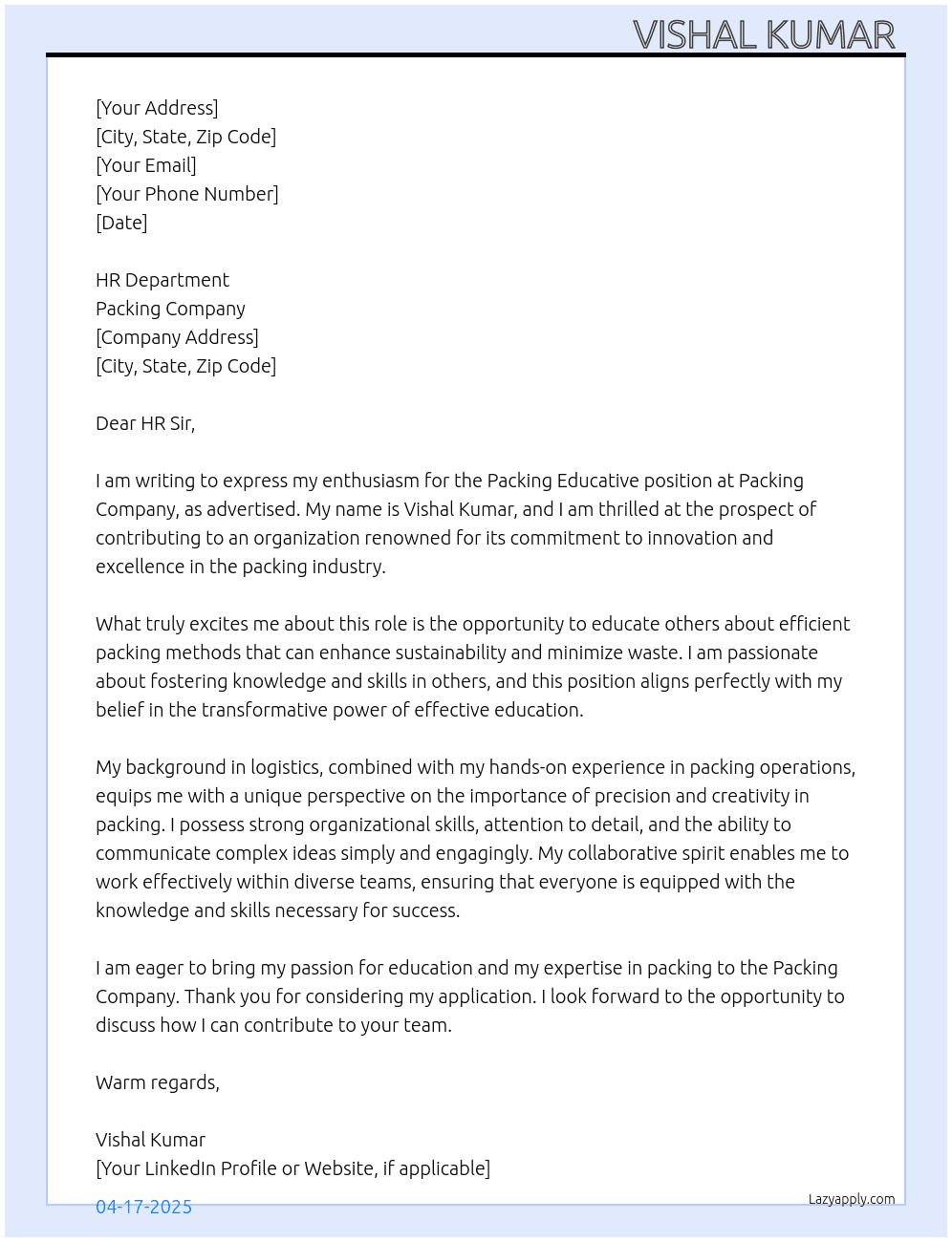 Packing educative At Packing company Cover Letter