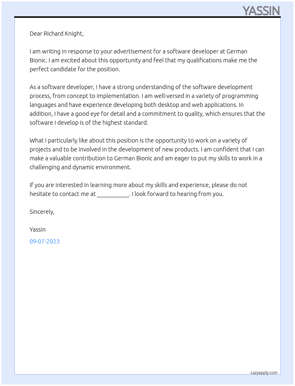 Software developer At German Bionic Cover Letter