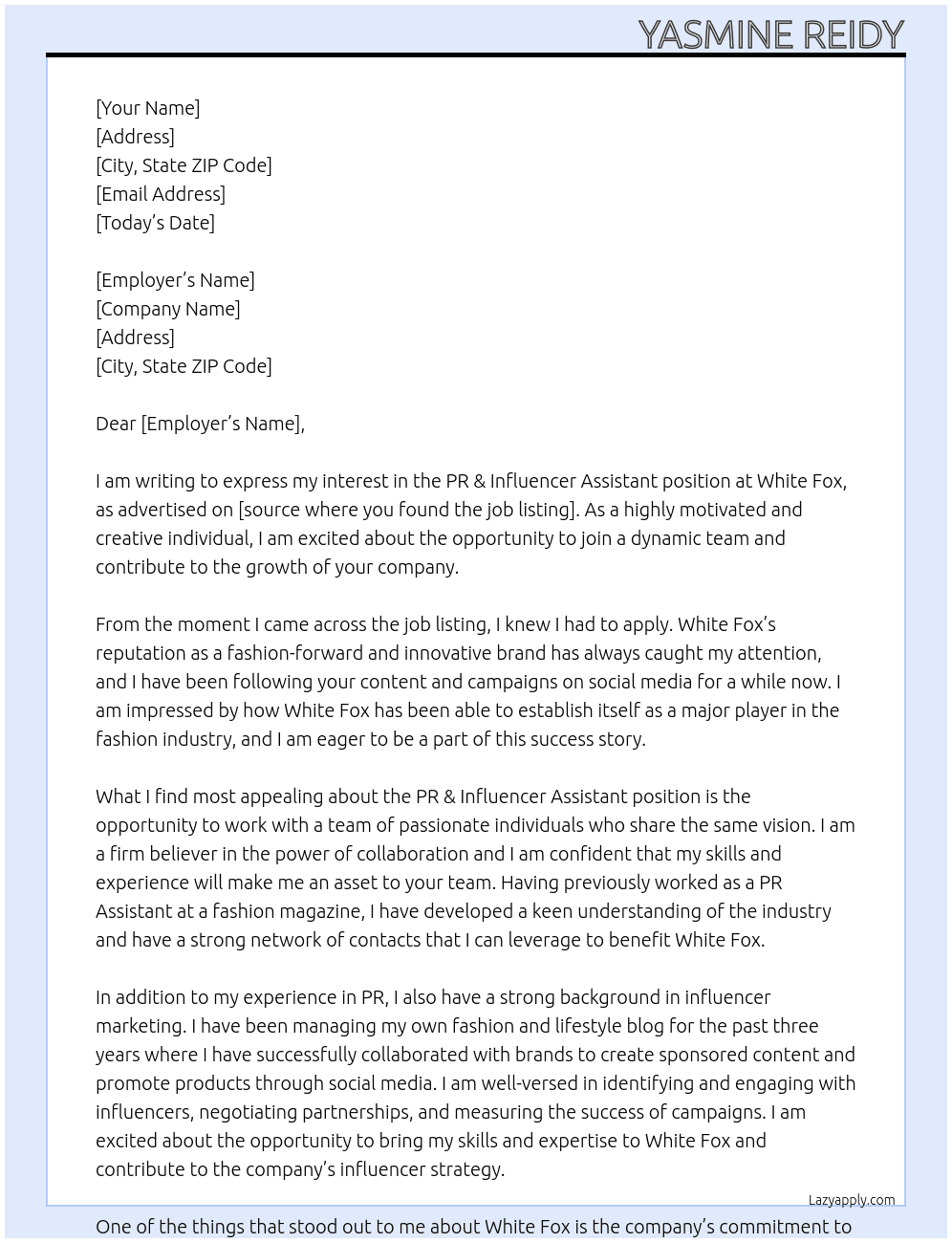 PR & Influencer Assistant At White Fox Cover Letter