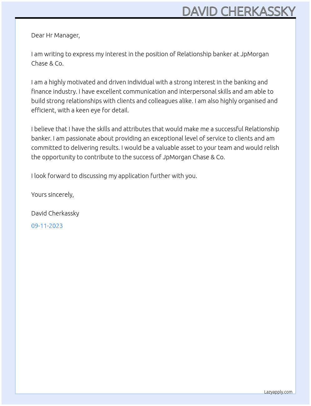 Relationship banker At JpMorgan Chase & Co Cover Letter
