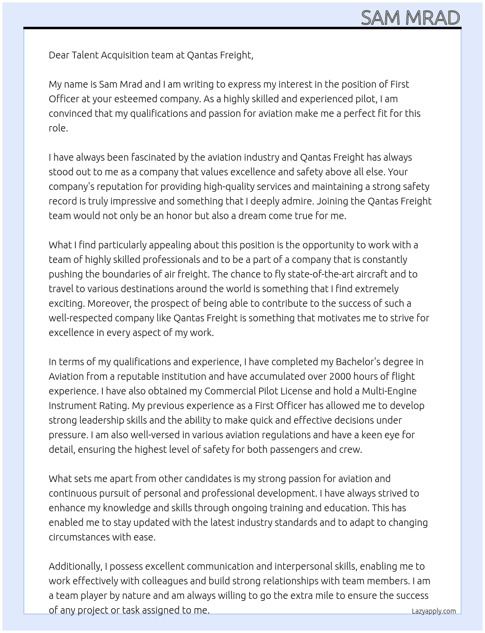 first officer At Qantas Freight Cover Letter