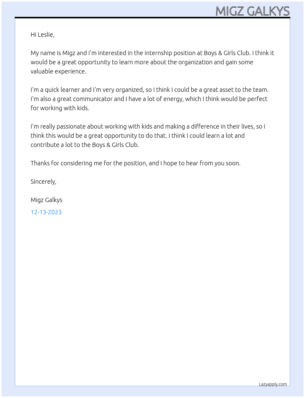 Internship At Boys & Girls Club Cover Letter