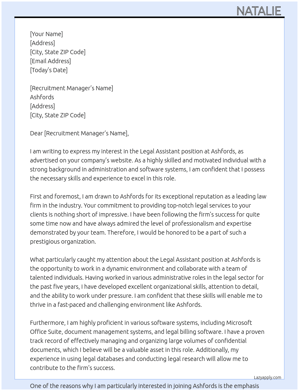 Legal assistant  At Ashfords  Cover Letter