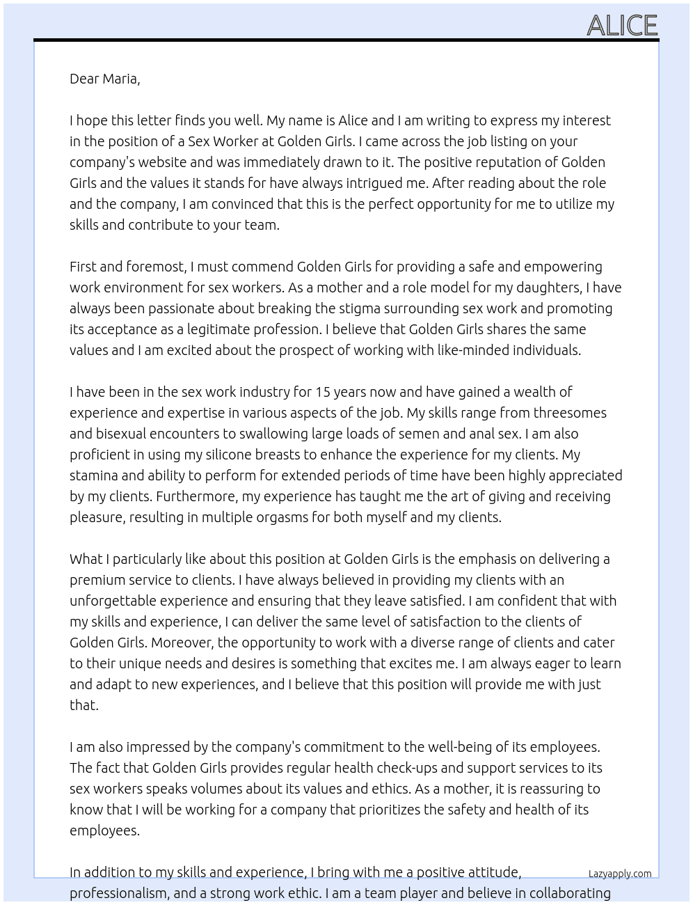 Sex worker At Golden Girls  Cover Letter