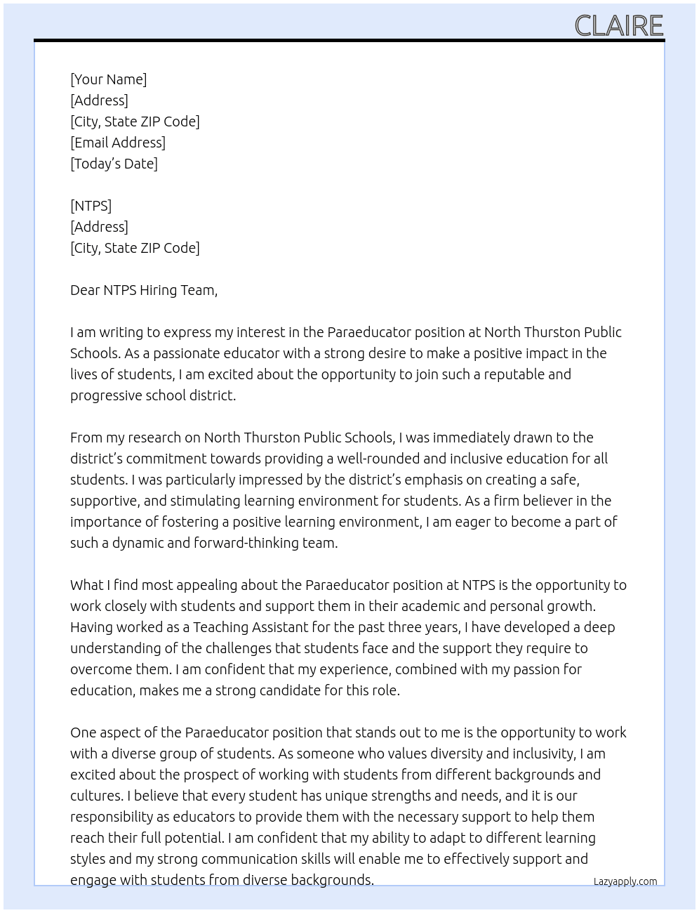paraeducator At North Thurston Public Schools Cover Letter