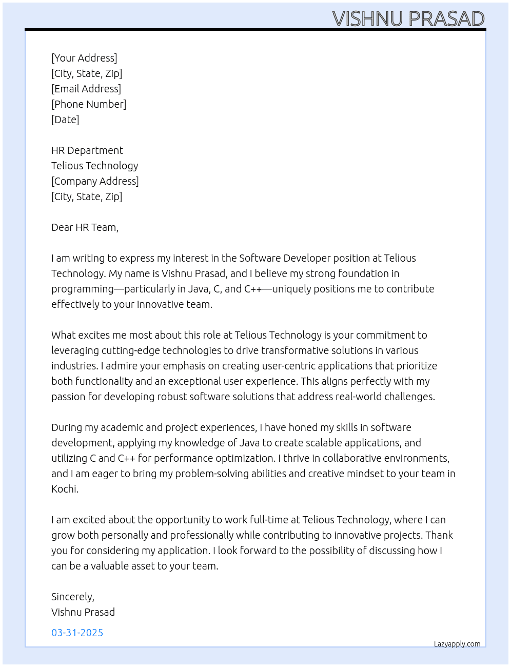 Software developer  At Telious technology  Cover Letter