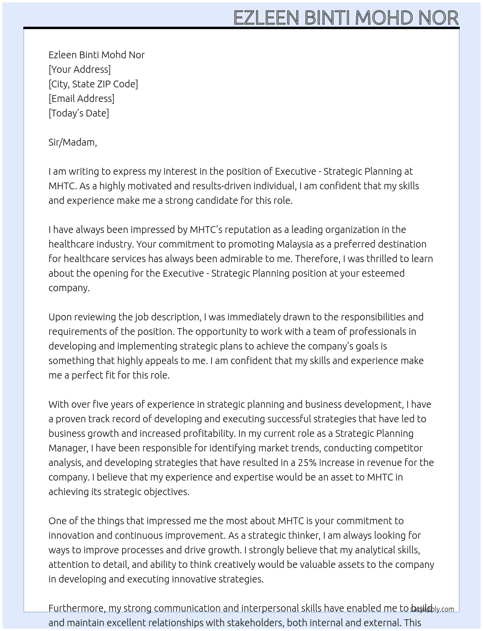 Executive- Strategic Planning At MHTC Cover Letter