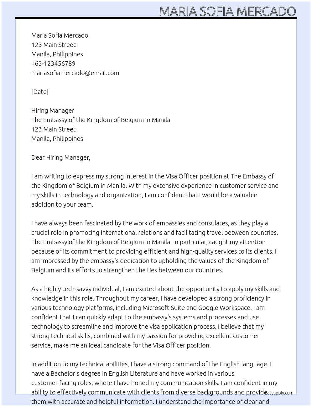 Visa Officer  At The Embassy of the Kingdom of Belgium in Manila  Cover Letter