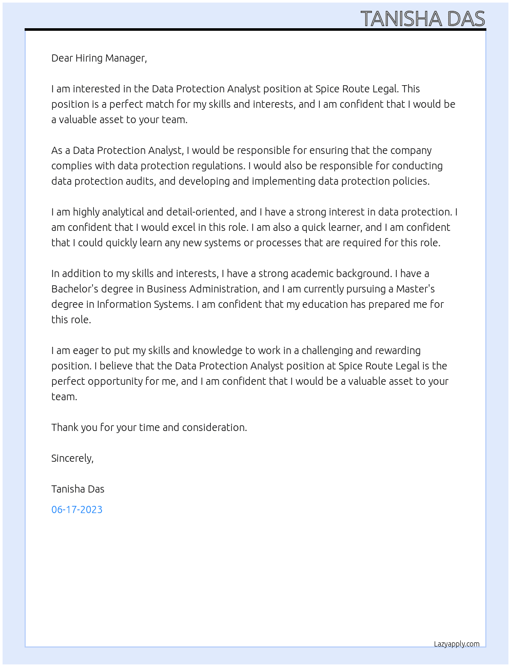 Data Protection Analyst At Spice Route Legal Cover Letter