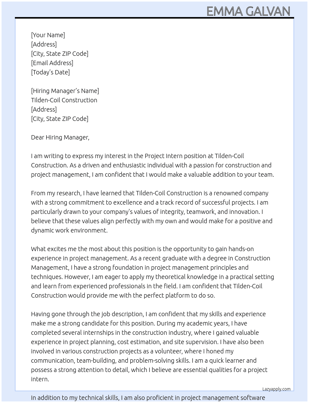 Project Intern At Tilden-Coil Construction Cover Letter