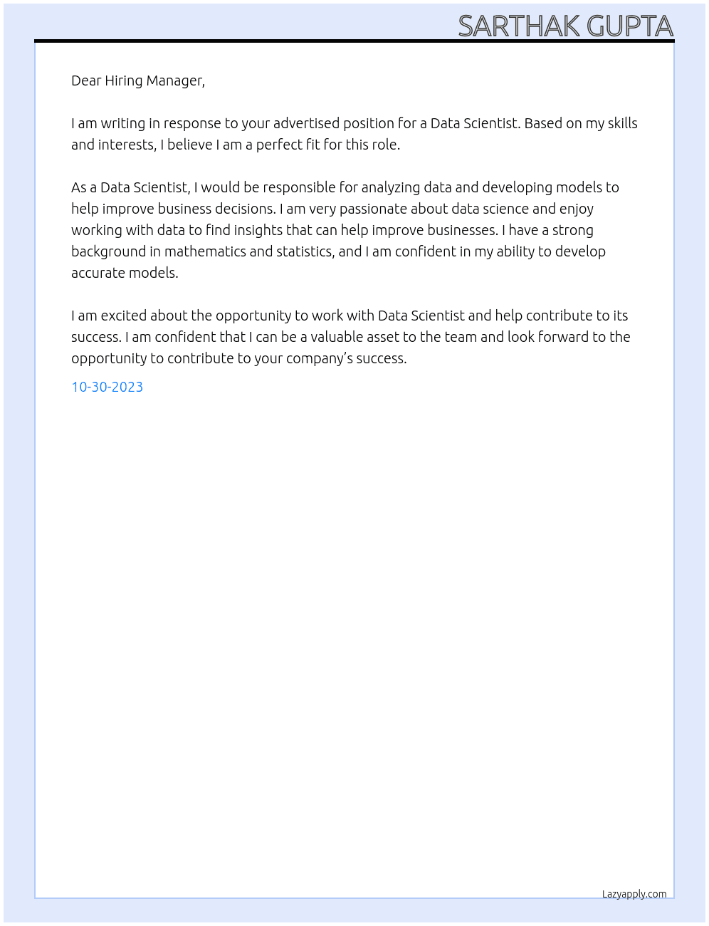 Data Scientist At Data Scientist  Cover Letter