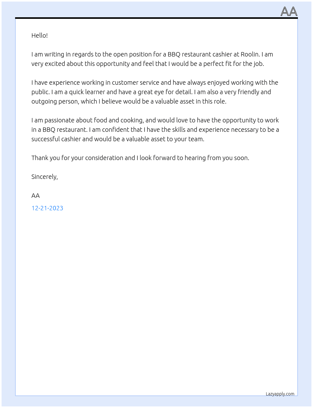bbq restaurant cashier At roolin Cover Letter