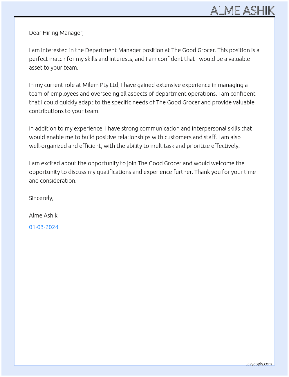 Department Manager - The Good Grocer At Milem Pty Ltd Cover Letter