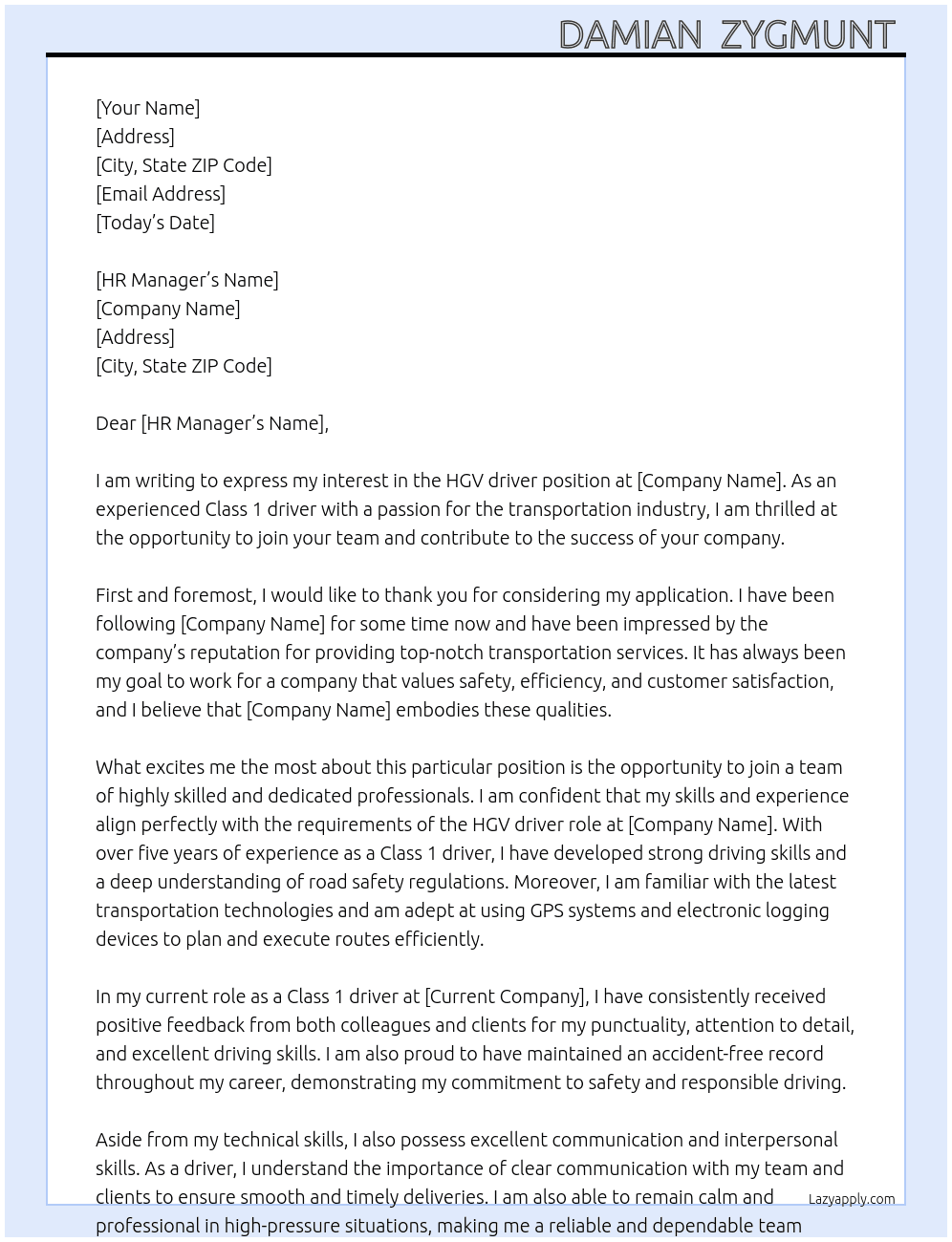 HGV driver  At Company Cover Letter