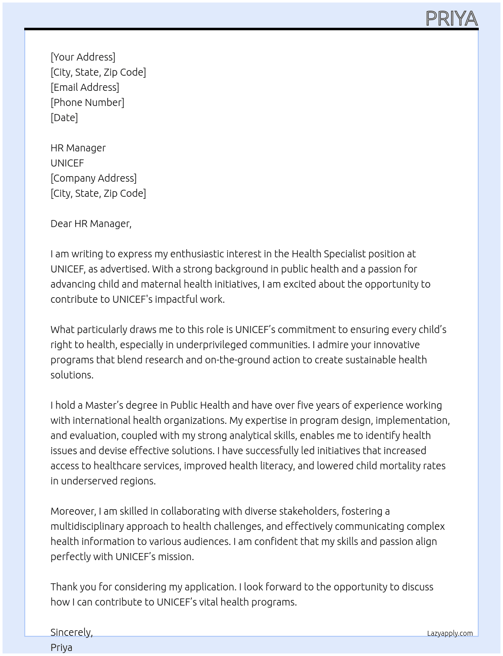 Health specialist At UNICEF  Cover Letter