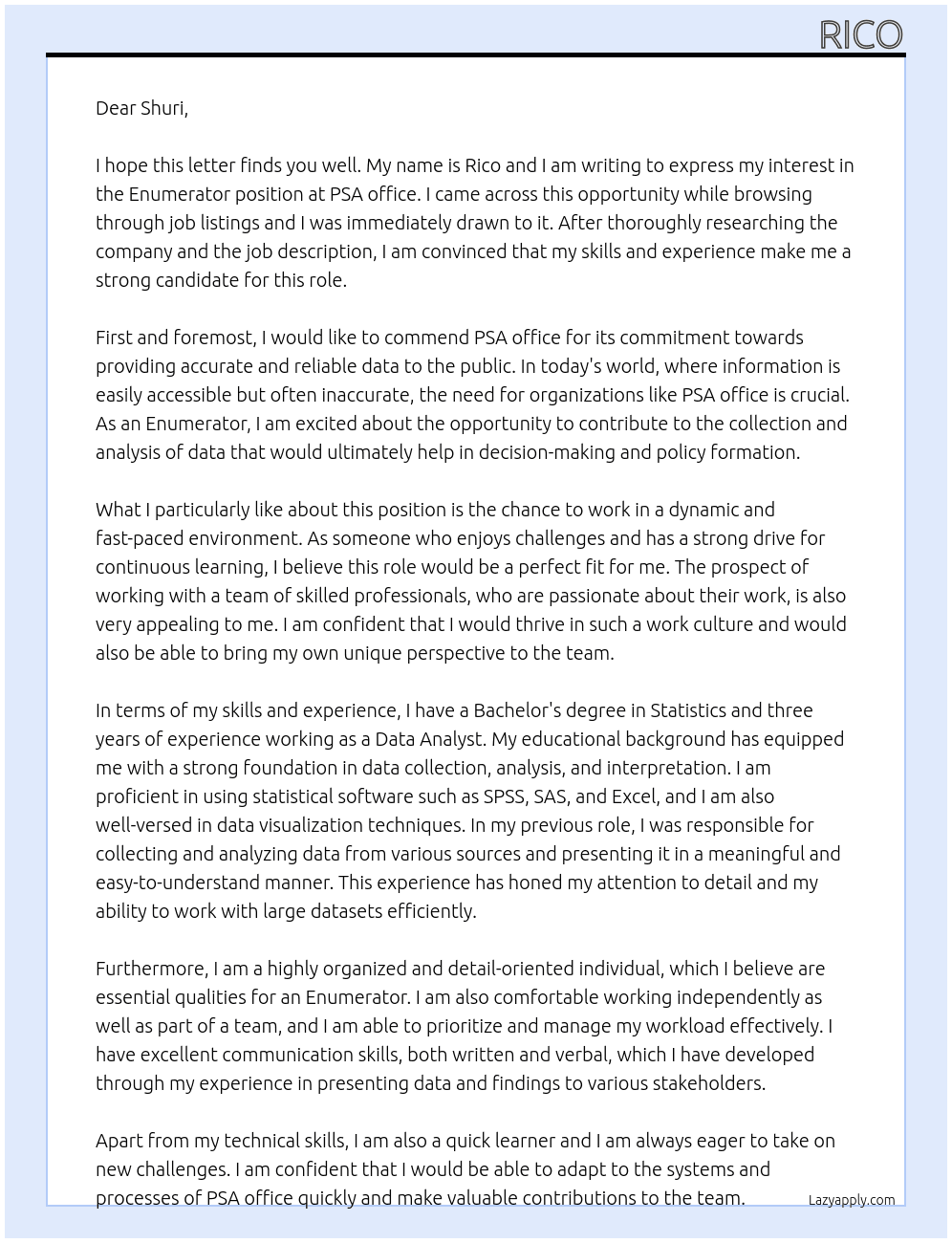 Enumarator At PSA office Cover Letter