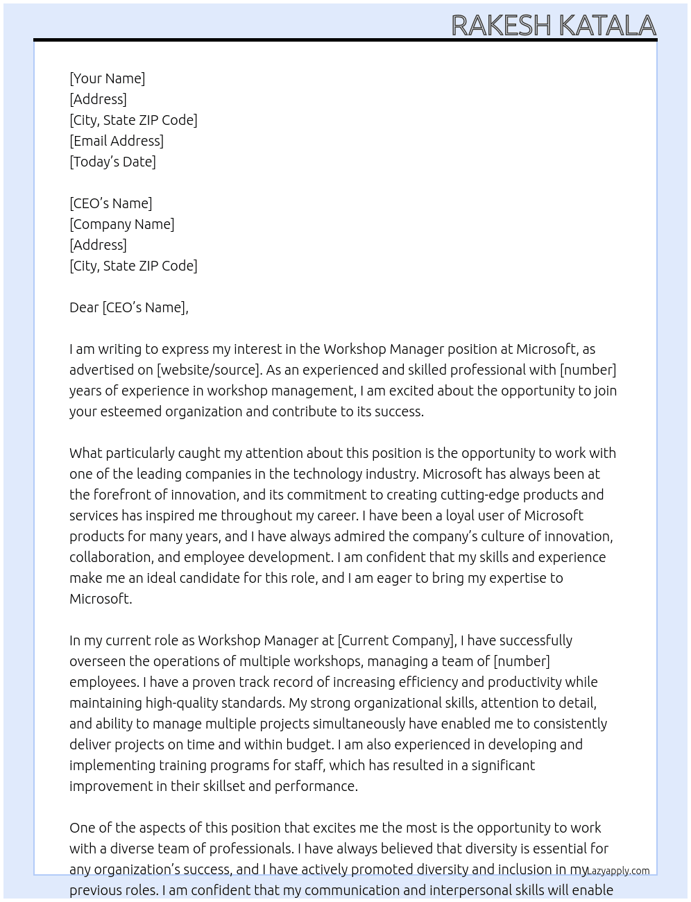 Workshop manager At Microsoft Cover Letter