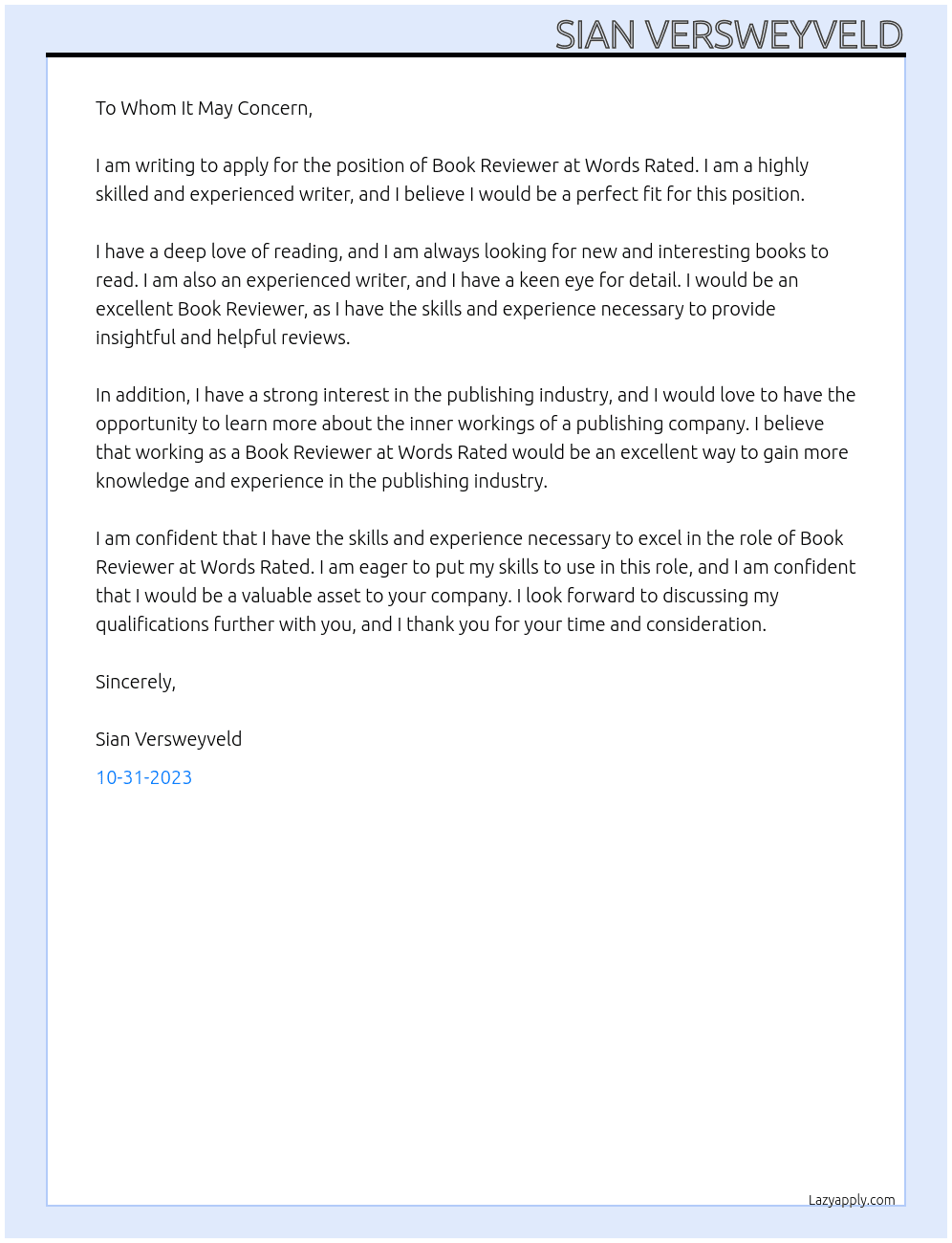 Book Reviewer At Words Rated Cover Letter