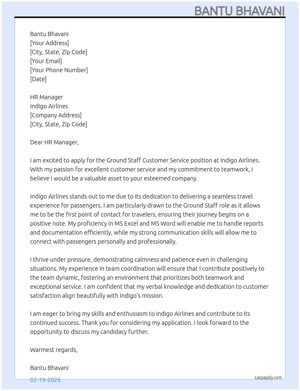 indigo ground staff customer service At INDIGO AIRLINES Cover Letter